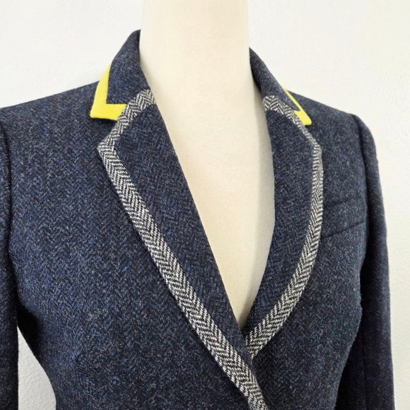 J Crew Classic Schoolboy Blazer Navy Yellow Herringbone Trim Lined Wool 6T Tall - Picture 3 of 8